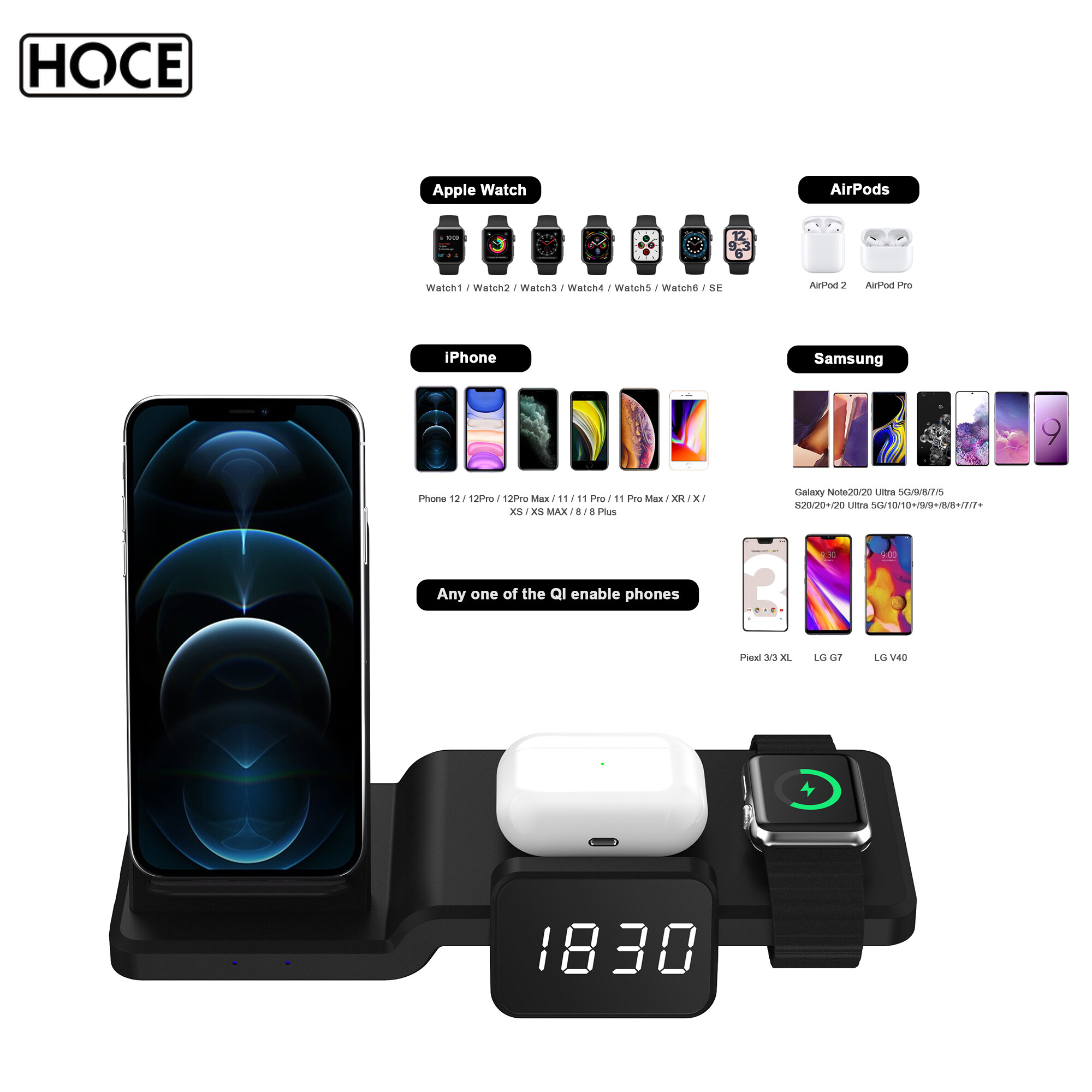5 in 1 with Clock Time Display Wireless Charger Fast Charging Dock Station For iPhone 13 pro max 12 11 AirPods Pro 1/2/3 iWatch 6 5 4 3 2 1 SE Samsung S20 Wireless Charger Stand
