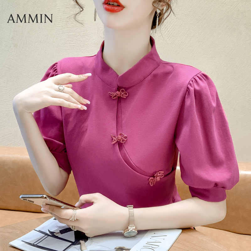 AMMIN 2022 summer new retro niche Chinese ethnic style disc button cheongsam elegant blouse women's stand-up collar bubble short-sleeved chiffon shirt female ins tops